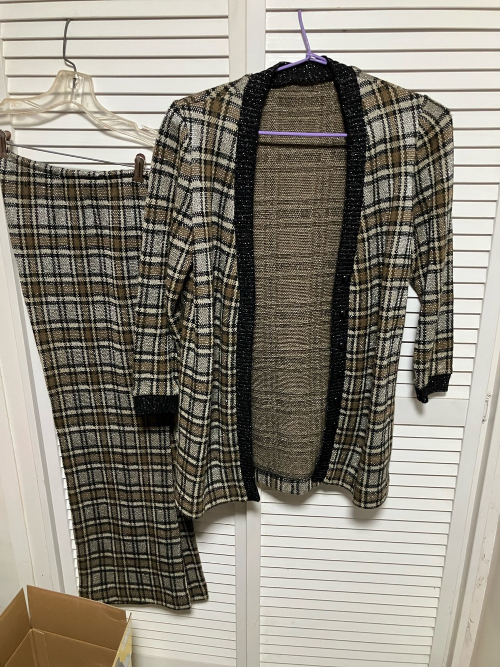 Plaid Knit Cardigan and Skirt Two-Piece Set in Black, Brown, Cream